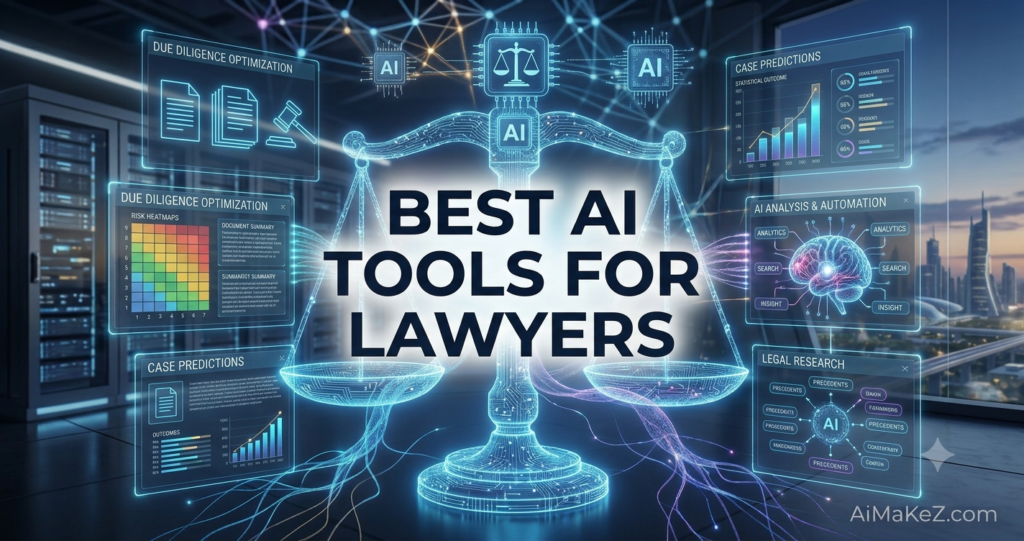 A premium 1200x630 technology featured image for AiMaKeZ.com titled 'BEST AI TOOLS FOR LAWYERS' displaying a massive glowing holographic scale of justice surrounded by digital dashboards for due diligence, legal research, and case predictions.