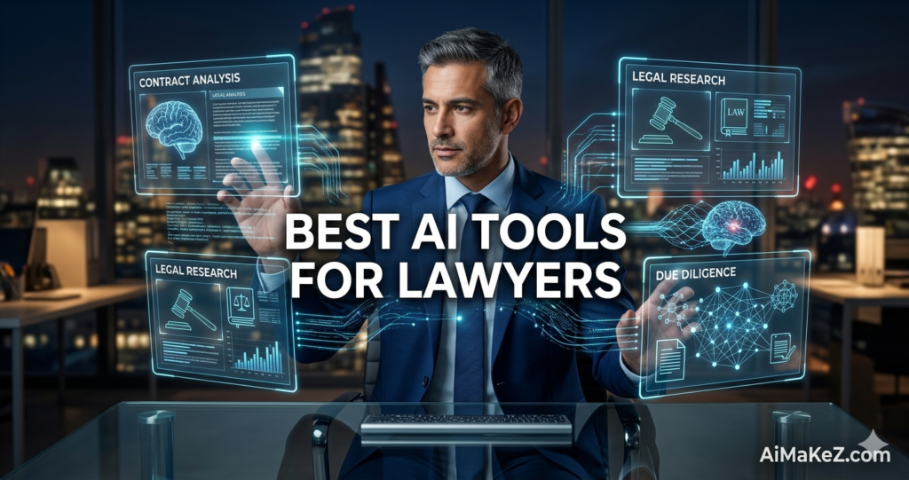 A premium legal technology review featured banner graphic set inside a high-rise law firm office overlooking a blurred city skyline at night. In the center, a distinguished male lawyer in a tailored blue corporate suit sits behind a glass desk, interacting with multiple glowing holographic user interfaces. The main bold white text title in the center reads "BEST AI TOOLS FOR LAWYERS". The floating digital panels display a 3D neural brain network for "CONTRACT ANALYSIS", a digital gavel and book icon for "LEGAL RESEARCH", and a complex mathematical data network for "DUE DILIGENCE". The brand watermark "AiMaKeZ.com" rests in the bottom-right corner.
