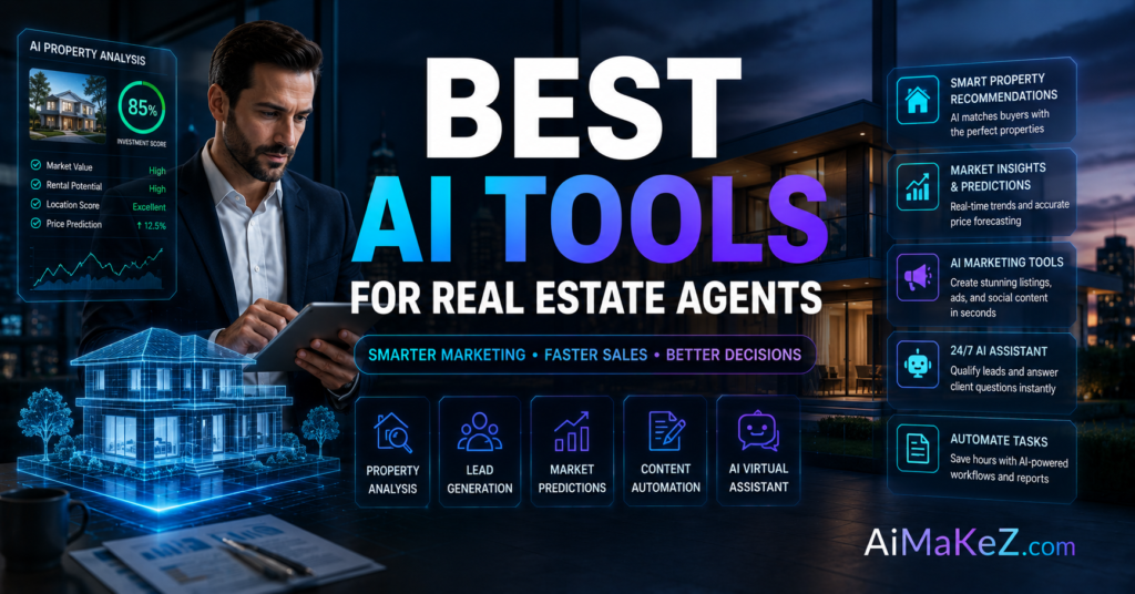Best AI Tools for Real Estate Agents featured image showing a futuristic real estate office with AI-powered property analytics, smart home visualizations, market prediction dashboards, and holographic real estate technology interfaces with the title "Best AI Tools for Real Estate Agents".