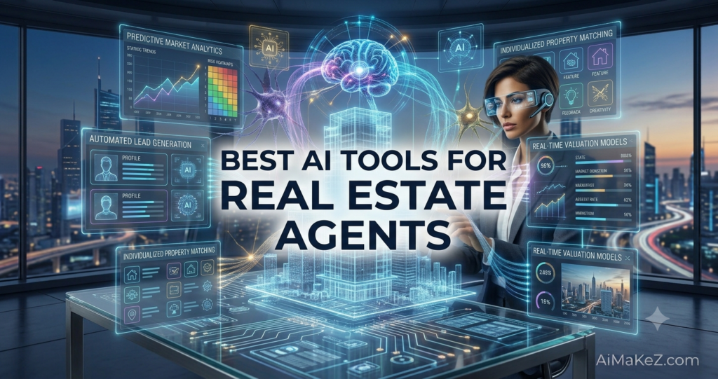 A premium 1200x630 technology featured image for AiMaKeZ.com titled 'BEST AI TOOLS FOR REAL ESTATE AGENTS' showing a professional female agent wearing AR smart glasses and analyzing a 3D holographic property structure and automated valuation models.