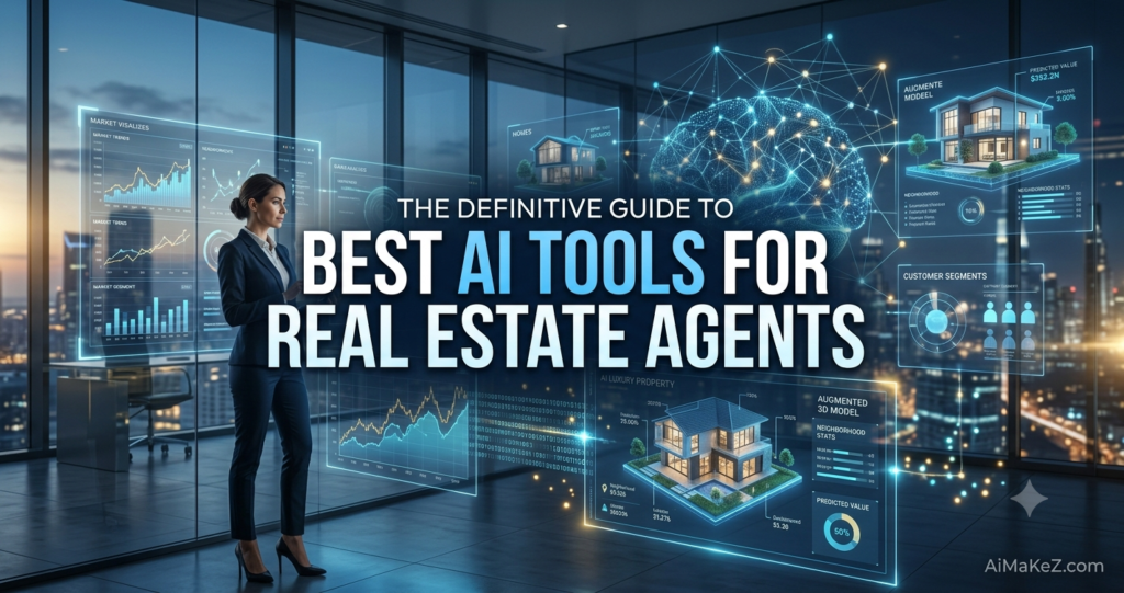 A premium corporate technology featured banner graphic set inside a high-rise office looking out over a blurred city skyline at dusk. In the center, a large bold text title reads "THE DEFINITIVE GUIDE TO BEST AI TOOLS FOR REAL ESTATE AGENTS". On the left, a professional female real estate broker in a dark suit stands looking at glowing translucent holographic interface displays. The floating panels show property valuation market analytics, an "AUGMENTED 3D MODEL" of a modern luxury home, a glowing neural brain network, and "CUSTOMER SEGMENTS" tracking graphics. The brand watermark "AiMaKeZ.com" sits in the bottom-right corner.