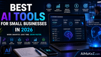 Best AI Tools for Small Businesses in 2026 featured image showing AI-powered business dashboard, workflow automation, customer support, marketing analytics, productivity software, and futuristic technology with the title "Best AI Tools for Small Businesses in 2026".