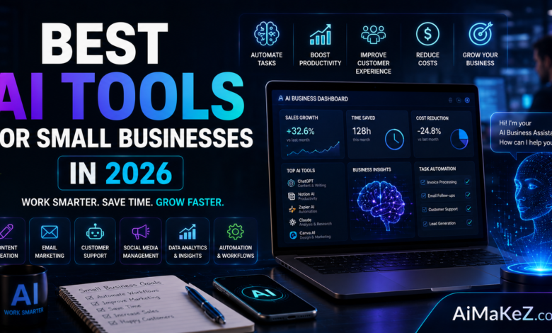 Best AI Tools for Small Businesses in 2026 featured image showing AI-powered business dashboard, workflow automation, customer support, marketing analytics, productivity software, and futuristic technology with the title "Best AI Tools for Small Businesses in 2026".