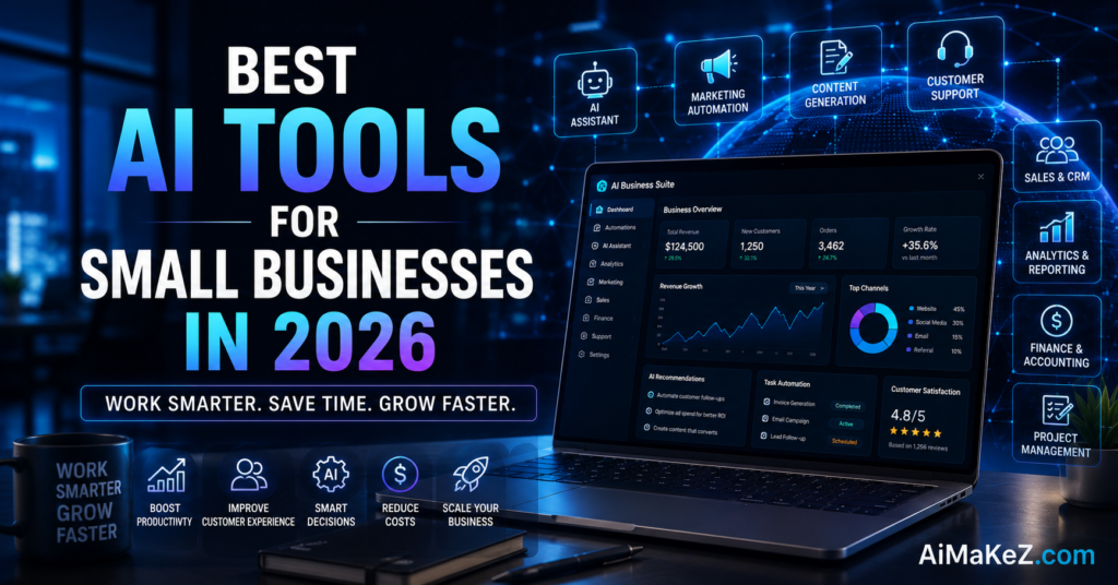 Best AI Tools for Small Businesses in 2026 featuring AI-powered business software, marketing automation, CRM dashboards, analytics, customer support, and productivity tools.