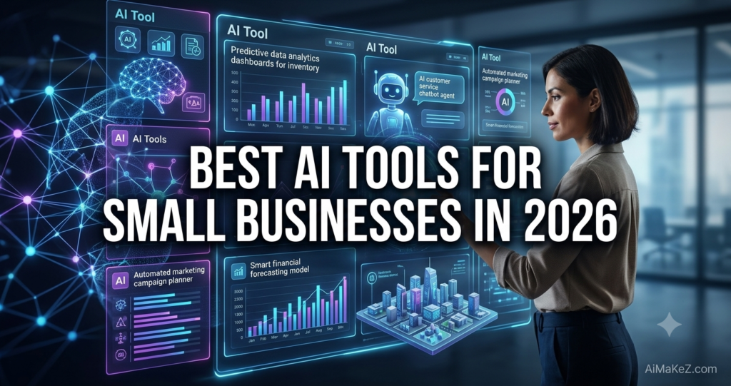 A premium 1200x630 technology featured image for AiMaKeZ.com titled 'Best AI Tools for Small Businesses in 2026' showing a professional businesswoman interacting with a holographic data interface.