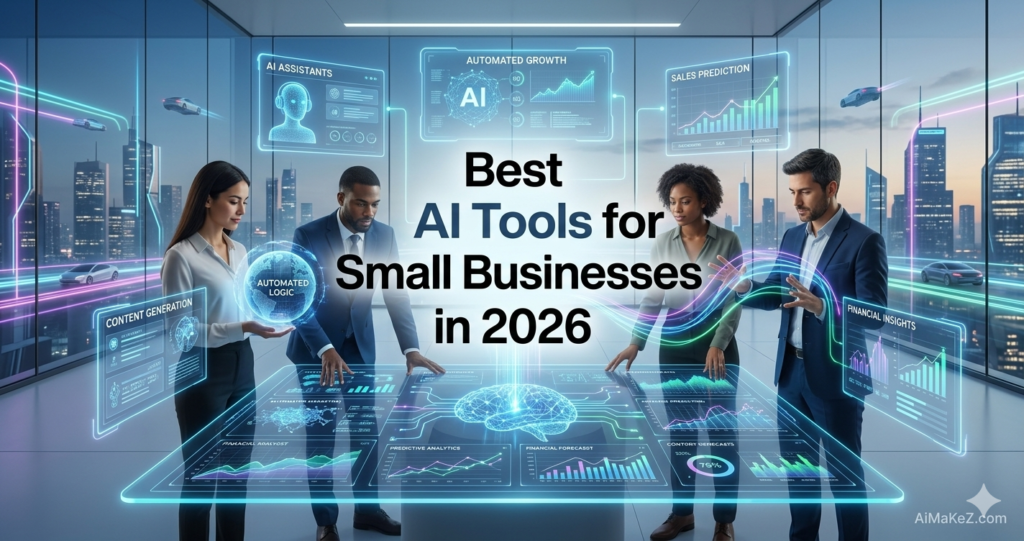 A premium technology review featured banner inside a futuristic corporate office with massive windows overlooking a city skyline. In the center, large bold dark blue and black text reads "Best AI Tools for Small Businesses in 2026". Around a glowing neon blue interactive table, four diverse business professionals work together. The table displays 3D holographic neural networks, financial forecasts, and predictive analytics charts. Floating virtual screens display "AI ASSISTANTS", "AUTOMATED GROWTH", "CONTENT GENERATION", and "FINANCIAL INSIGHTS". The brand watermark "AiMaKeZ.com" rests in the bottom-right corner.