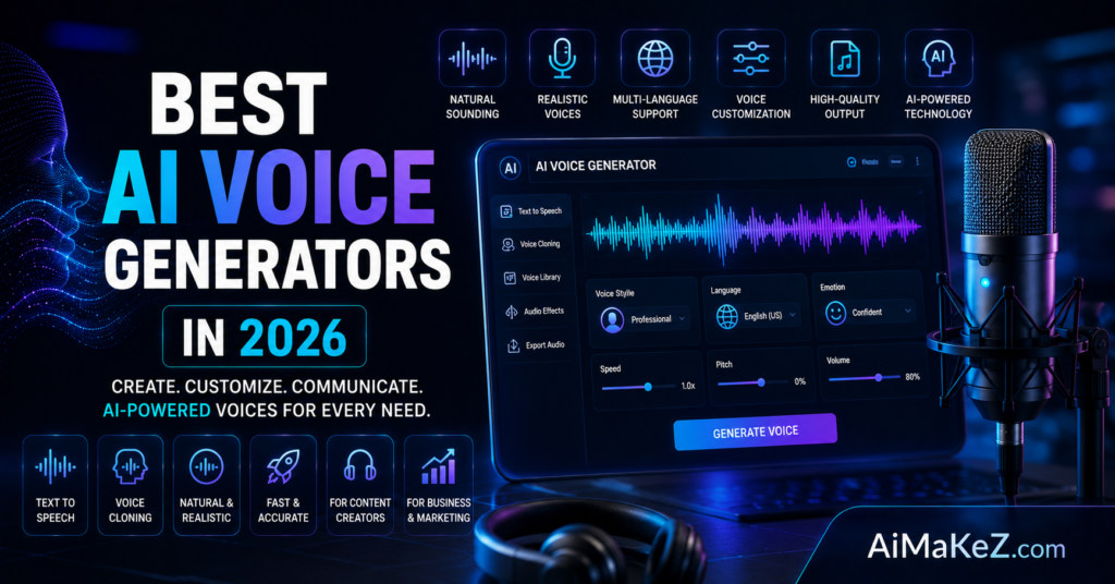 Best AI Voice Generators in 2026 featured image showing an AI-powered voice generation dashboard, realistic text-to-speech technology, voice cloning, multilingual speech synthesis, and futuristic audio production interface with the title "Best AI Voice Generators in 2026".