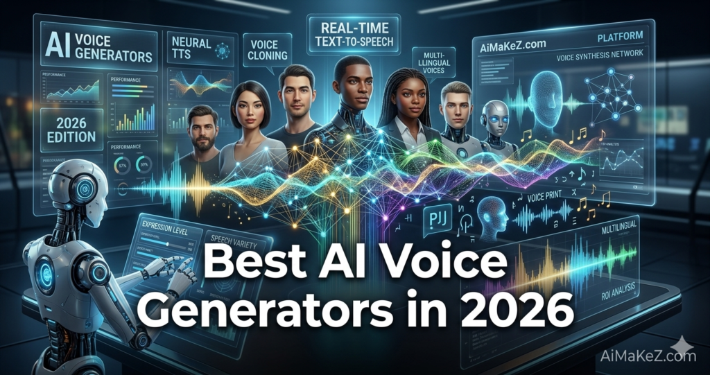 A premium technology review featured image banner set inside a futuristic audio laboratory. In the lower center, large bold white text reads "Best AI Voice Generators in 2026". On the left, a detailed white humanoid robot operates an advanced console showing audio frequency waves. In the center background, a diverse group of realistic human faces and a cybernetic avatar are surrounded by holographic displays labeled "AI VOICE GENERATORS", "NEURAL TTS", "VOICE CLONING", and "REAL-TIME TEXT-TO-SPEECH". The brand watermark "AiMaKeZ.com" rests in the bottom-right corner.