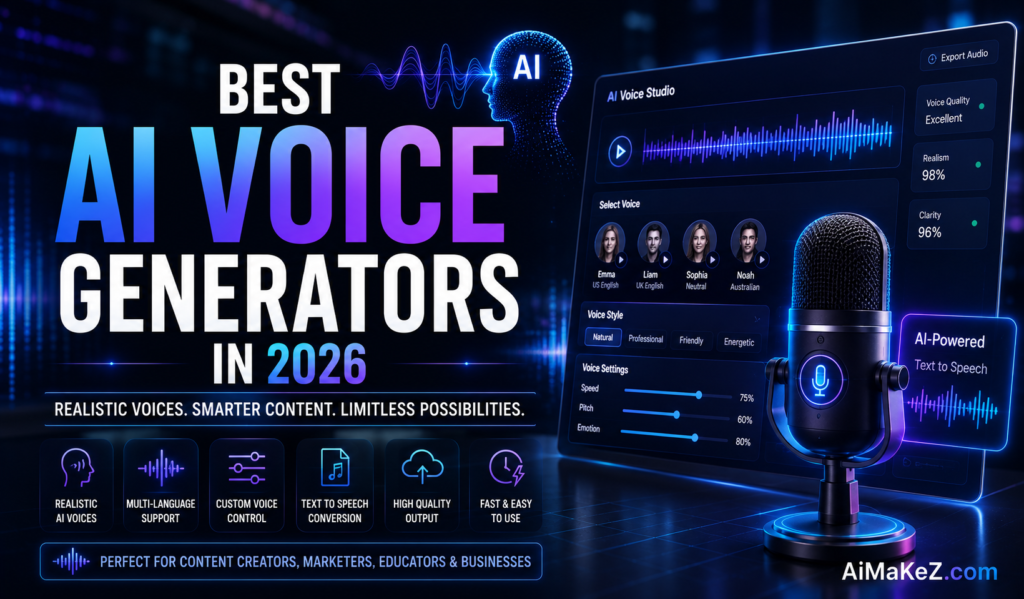 'Best AI Voice Generators in 2026' comparing top text-to-speech software. It features an 'AI Voice Studio' interface with voice profiles like Emma and Liam, waveform analysis, metrics (Excellent Quality, 98% Realism, 96% Clarity), a condenser microphone, and icons for realism, multi-language support, custom controls, text-to-speech conversion, high-quality output, and speed. The bottom includes a 'Perfect for Content Creators, Marketers, Educators & Businesses' tagline and the AiMaKeZ.com logo.