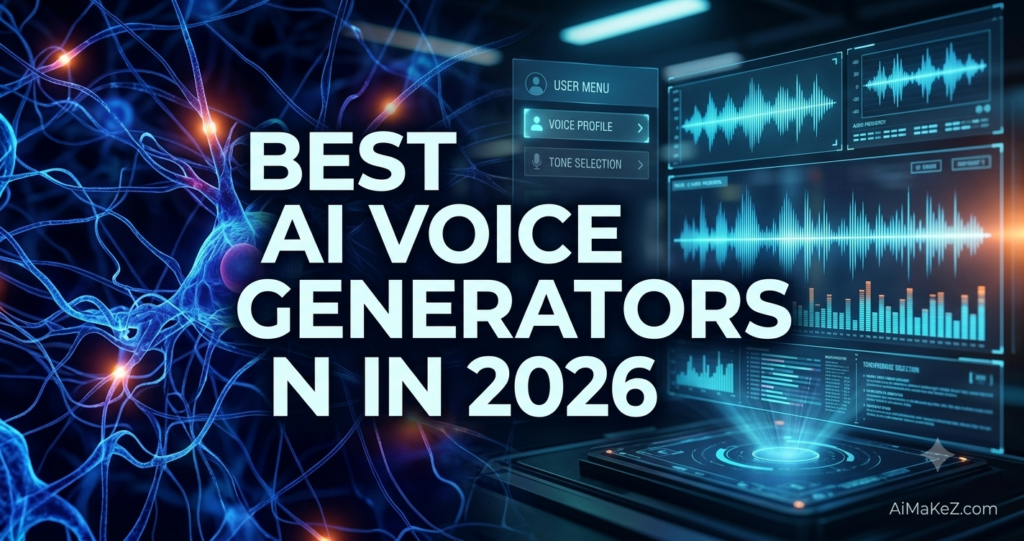 A premium 1200x630 technology featured image for AiMaKeZ.com titled 'Best AI Voice Generators in 2026' featuring an audio waveform display, a voice profile interface, and a glowing neural network.
