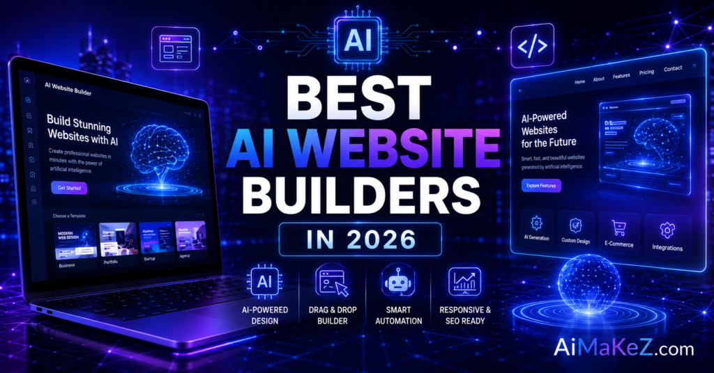 Best AI Website Builders in 2026 featured image showing futuristic AI-powered website creation platforms, holographic web design interfaces, smart website builders, and digital dashboards with the title "Best AI Website Builders in 2026".