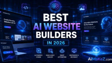 Best AI Website Builders in 2026 featured image showing futuristic AI-powered website creation platforms, holographic web design interfaces, smart website builders, and digital dashboards with the title "Best AI Website Builders in 2026".
