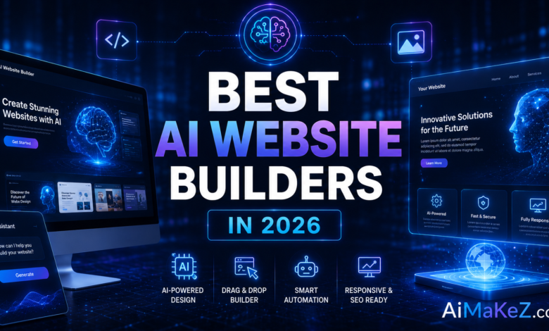 Best AI Website Builders in 2026 featured image showing futuristic AI-powered website creation platforms, holographic web design interfaces, smart website builders, and digital dashboards with the title "Best AI Website Builders in 2026".