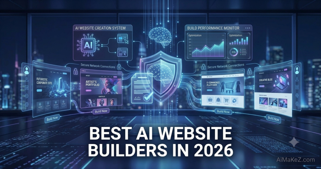 A premium 1200x630 featured image for AiMaKeZ.com titled 'BEST AI WEBSITE BUILDERS IN 2026' displaying holographic previews of a corporate site, portfolio, e-commerce platform, and creative blog generated by AI interface panels.