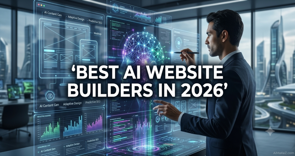 A premium tech industry review featured banner graphic set inside a high-rise corporate office overlooking a futuristic blurred city skyline. In the center, large, bold white text reads "BEST AI WEBSITE BUILDERS IN 2026". On the right, a focused male web developer in a sleek business suit stands interacting with glass holographic interface panels. The floating displays show wireframe layouts for desktop and mobile, analytics bar graphs, and a luminous digital human brain node network representing neural web design engines. Labels like "AI Content Gen," "Adaptive Design," and "Predictive SEO" are visible on the dashboard. The brand watermark "AiMaKeZ.com" rests in the bottom-right corner.
