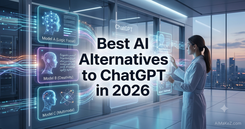 A premium technology featured banner graphic set inside a futuristic corporate research lab overlooking a city skyline at dusk. In the center, large, bold black typography reads "Best AI Alternatives to ChatGPT in 2026". To the right, a focused female researcher in a white lab coat stands interacting with multi-layered, luminous holographic interfaces. On the left, several distinct holographic profiles for alternative AI models are displayed with glowing neural network brain visuals: 'Model A (Logic Focus)', 'Model B (Creativity)', and 'Model C (Multimodal)'. Dynamic data streams flow around the comparison panels. The brand watermark "AiMaKeZ.com" rests in the bottom-right corner.