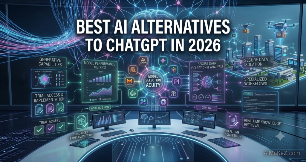 A premium 1200x630 featured image for AiMaKeZ.com titled 'BEST AI ALTERNATIVES TO CHATGPT IN 2026' displaying an advanced digital command center with a central Model Selection Acuity wheel featuring Claude, Gemini, Mistral, and Pi logomarks, alongside performance metrics, data stream integration dashboards, and specialized workflow panels.