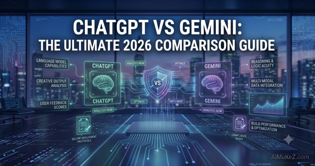 A premium 1200x630 featured image for AiMaKeZ.com titled 'CHATGPT VS GEMINI: THE ULTIMATE 2026 COMPARISON GUIDE' displaying side-by-side holographic brains for ChatGPT and Gemini separated by a central VS shield with performance metrics.