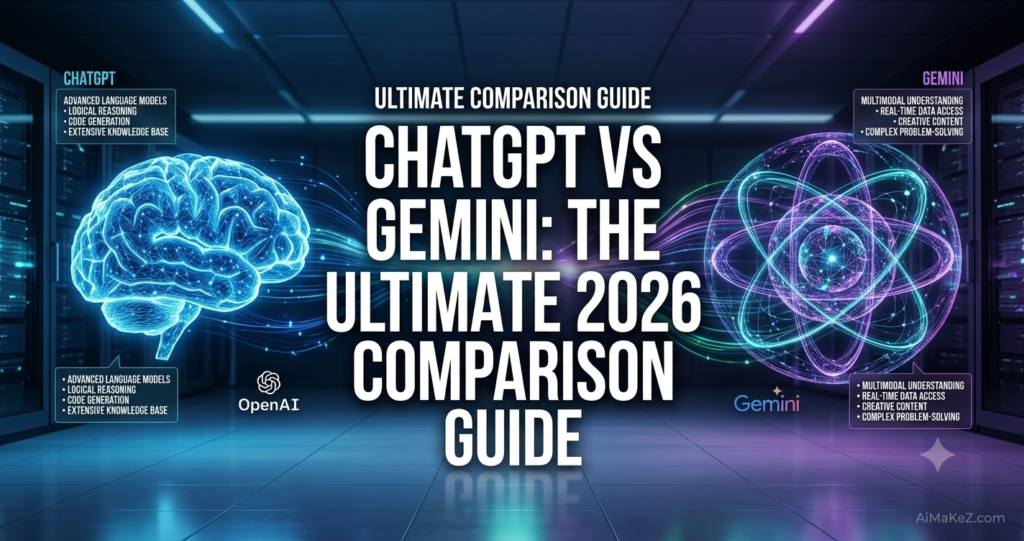 A premium technology comparison banner graphic set inside a modern server room or data center corridor. In the center, large, bold white text reads "ULTIMATE COMPARISON GUIDE / CHATGPT VS GEMINI: THE ULTIMATE 2026 COMPARISON GUIDE". On the left, a luminous blue holographic 3D brain represents OpenAI's ChatGPT, featuring a bulleted list of highlights: Advanced Language Models, Logical Reasoning, Code Generation, and Extensive Knowledge Base. On the right, a glowing purple and green planetary atomic sphere represents Google's Gemini, detailing: Multimodal Understanding, Real-Time Data Access, Creative Content, and Complex Problem-Solving. The respective OpenAI and Gemini logos sit under each visual, and the brand watermark "AiMaKeZ.com" rests in the bottom-right corner.