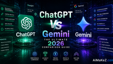ChatGPT vs Gemini: The Ultimate 2026 Comparison Guide featuring futuristic AI interfaces, performance comparison dashboards, multimodal AI capabilities, and holographic technology visuals.