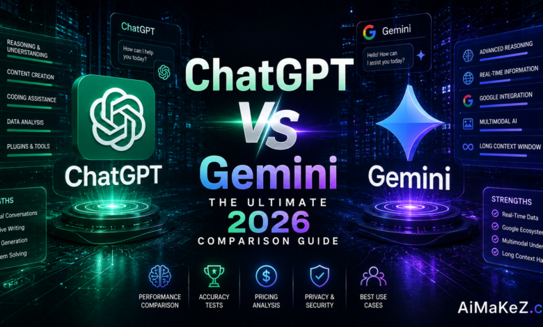 ChatGPT vs Gemini: The Ultimate 2026 Comparison Guide featuring futuristic AI interfaces, performance comparison dashboards, multimodal AI capabilities, and holographic technology visuals.