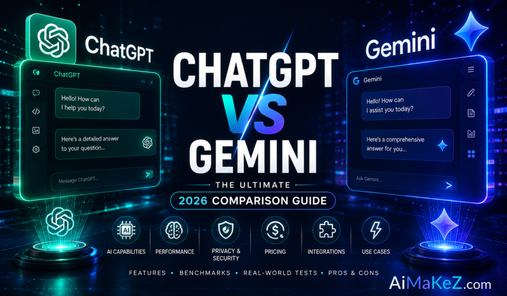 ChatGPT vs Gemini featured image showing a futuristic side-by-side comparison of ChatGPT and Gemini AI interfaces with holographic dashboards, AI performance metrics, and the title "ChatGPT vs Gemini: The Ultimate 2026 Comparison Guide".