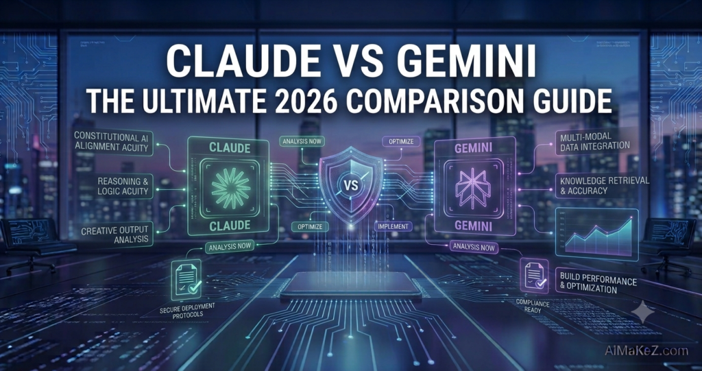 A premium 1200x630 featured image for AiMaKeZ.com titled 'CLAUDE VS GEMINI: THE ULTIMATE 2026 COMPARISON GUIDE' displaying side-by-side holographic UI panels for Claude and Gemini separated by a central VS shield with performance metrics.