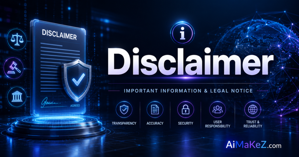 A premium legal technology featured banner graphic set against a dark blue and purple futuristic background. In the dead center, large and bold white typography reads "Disclaimer", with the subtitle "Important Information & Legal Notice" directly underneath it. To the left, a glowing digital document labeled "LEGAL DISCLAIMER" sits vertically on a tech pad next to a blue checkmark badge, a glowing info icon, and a protective security shield. To the right, floating translucent holographic HUD panels display glowing 3D neural brain networks, automated script boxes, and data streams over a circuit board floor. The brand watermark "AiMaKeZ.com" rests in the bottom-right corner.