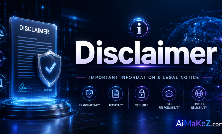 Disclaimer page featured image for AiMaKeZ.com showing a futuristic legal document, digital shield, AI technology interface, and holographic legal compliance dashboard with the title "Disclaimer".