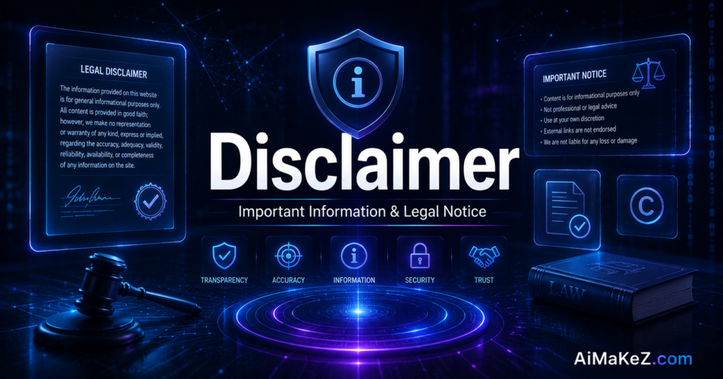 AiMaKeZ Disclaimer page featuring a futuristic legal disclaimer document, digital shield, information icon, AI legal interface, secure network, and holographic legal dashboard.