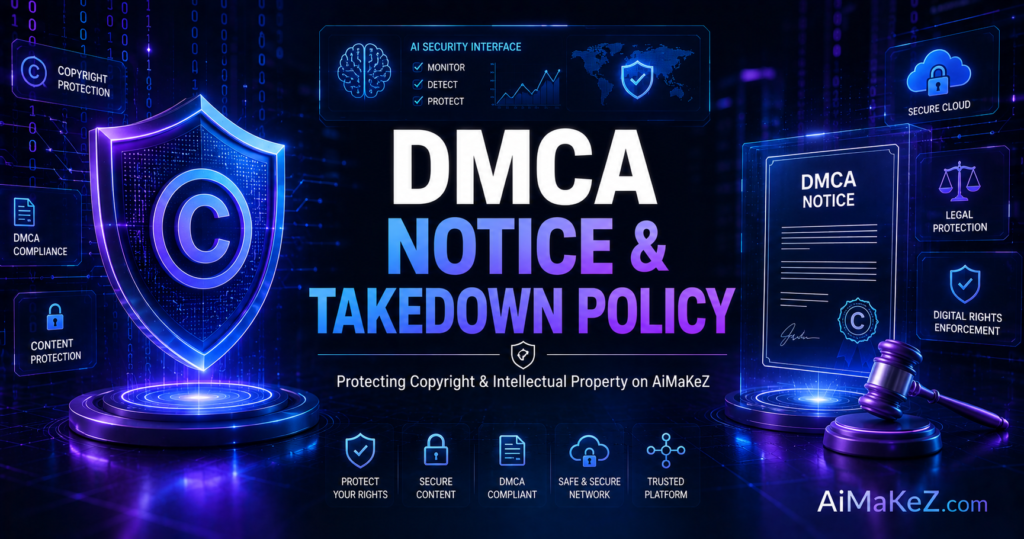 DMCA Notice & Takedown Policy featured image for AiMaKeZ.com showing a futuristic copyright protection shield, DMCA legal document, AI security dashboard, digital rights protection, and cybersecurity technology.
