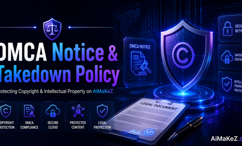 AiMaKeZ DMCA Notice & Takedown Policy page featuring a futuristic copyright shield, legal compliance dashboard, digital copyright protection, secure cloud, and AI-powered cybersecurity interface.