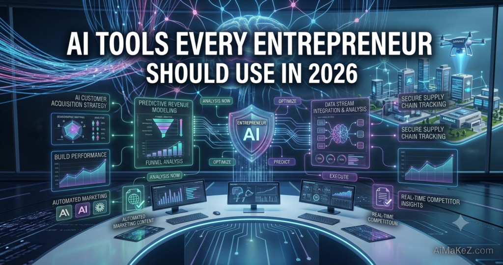 A premium 1200x630 featured image for AiMaKeZ.com titled 'AI TOOLS EVERY ENTREPRENEUR SHOULD USE IN 2026' showing an advanced digital command center with modular data analytics dashboards, holographic business projections, a neural brain network, and specific modules for predictive revenue modeling, real-time competitor insights, and secure supply chain tracking.