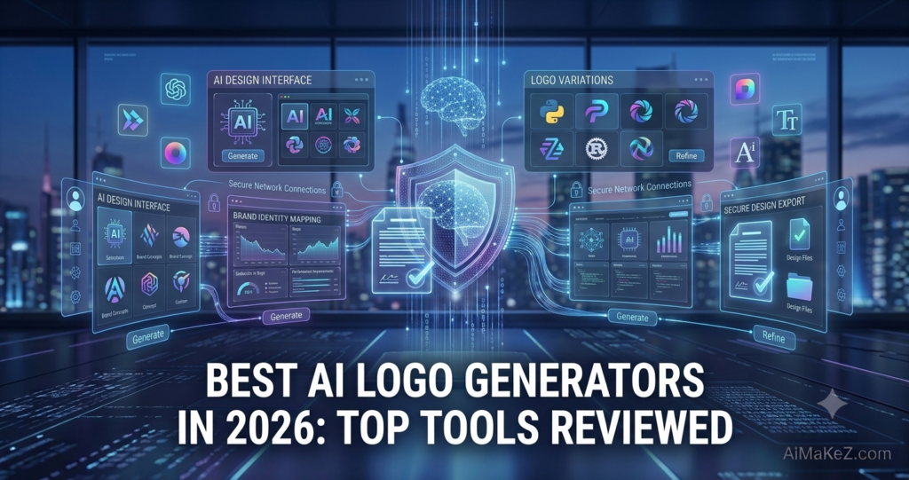 A premium 1200x630 featured image for AiMaKeZ.com titled 'BEST AI LOGO GENERATORS IN 2026: TOP TOOLS REVIEWED' showing holographic design interfaces, logo variations, brand identity mapping dashboards, and secure design file export panels.
