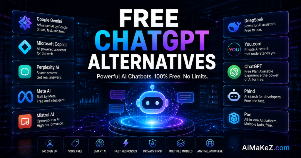 Free ChatGPT Alternatives featuring AI chatbots, conversational AI platforms, virtual assistants, and futuristic AI technology interfaces for productivity and research.