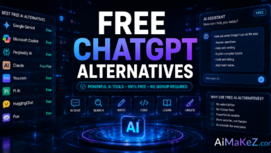 Free ChatGPT Alternatives featured image showing futuristic AI chatbots, intelligent virtual assistants, AI conversation interfaces, and holographic technology dashboards with the title "Free ChatGPT Alternatives".