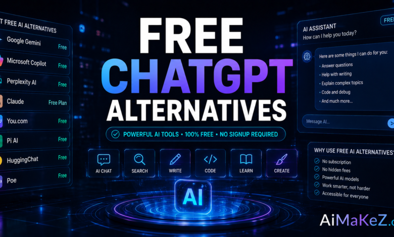 Free ChatGPT Alternatives featured image showing futuristic AI chatbots, intelligent virtual assistants, AI conversation interfaces, and holographic technology dashboards with the title "Free ChatGPT Alternatives".