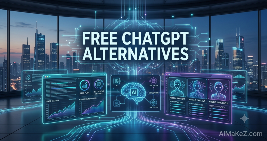 A premium 1200x630 technology featured image for AiMaKeZ.com titled 'FREE CHATGPT ALTERNATIVES' displaying a holographic neural network interface comparing free plan data streams and multiple distinct AI models side-by-side.