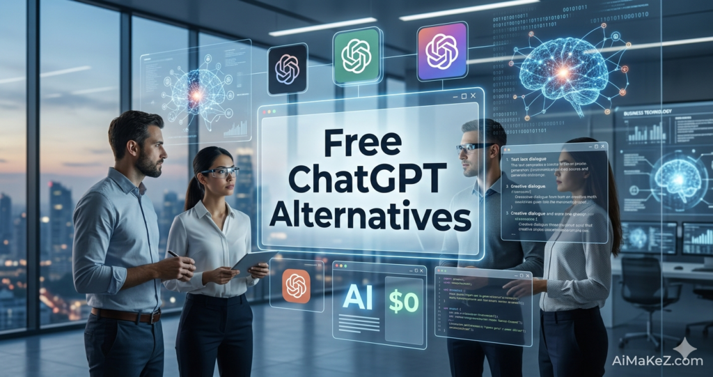A premium software review featured banner set inside a futuristic corporate office overlooking a sunset city skyline. In the center, a large transparent holographic terminal displays the bold title "Free ChatGPT Alternatives". Surrounding the text are glowing interface modules, including floating chat logos, a 3D neural brain network, a dialogue window detailing "Creative dialogue", and a small panel displaying "AI $0". A team of four professional colleagues stands in the mid-ground, analyzing the data displays. The brand watermark "AiMaKeZ.com" sits in the bottom-right corner.