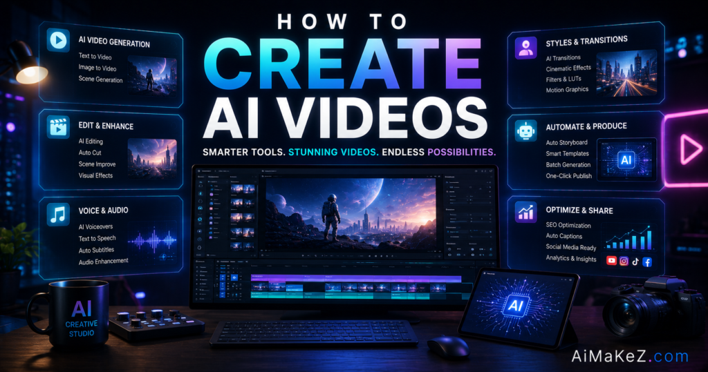 How to Create AI Videos featuring AI video generation tools, text-to-video interfaces, video editing dashboards, neural networks, and futuristic digital content creation technology.