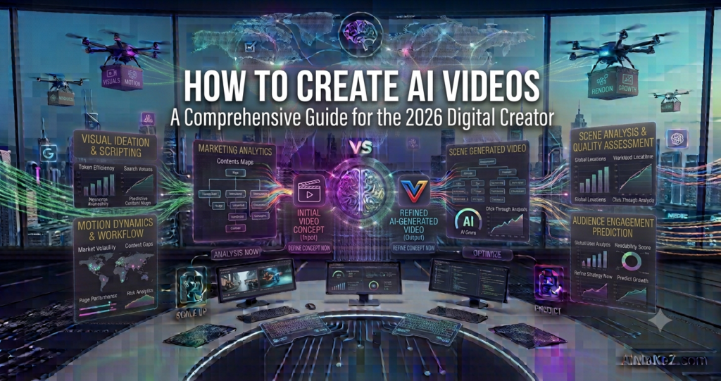 A premium 1200x630 featured image for AiMaKeZ.com titled 'HOW TO CREATE AI VIDEOS: A COMPREHENSIVE GUIDE FOR THE 2026 DIGITAL CREATOR' displaying an advanced digital command center comparing initial concepts against refined AI video outputs, alongside modular dashboards for visual ideation, motion dynamics, scene analysis, and audience engagement prediction, set against a futuristic cityscape with cargo drones.