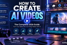 How to Create AI Videos featured image showing futuristic AI video generation software, text-to-video technology, video editing interface, digital holograms, and modern AI-powered content creation.