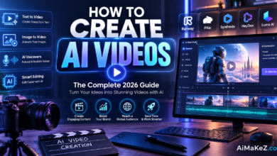 How to Create AI Videos featured image showing futuristic AI video generation software, text-to-video technology, video editing interface, digital holograms, and modern AI-powered content creation.