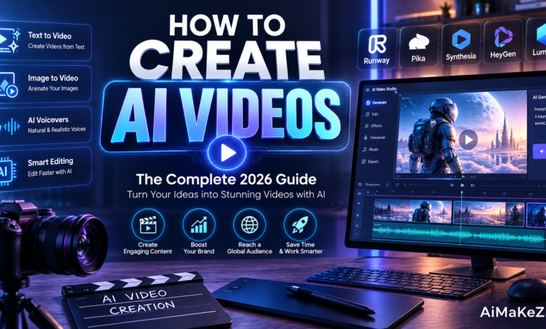 How to Create AI Videos featured image showing futuristic AI video generation software, text-to-video technology, video editing interface, digital holograms, and modern AI-powered content creation.