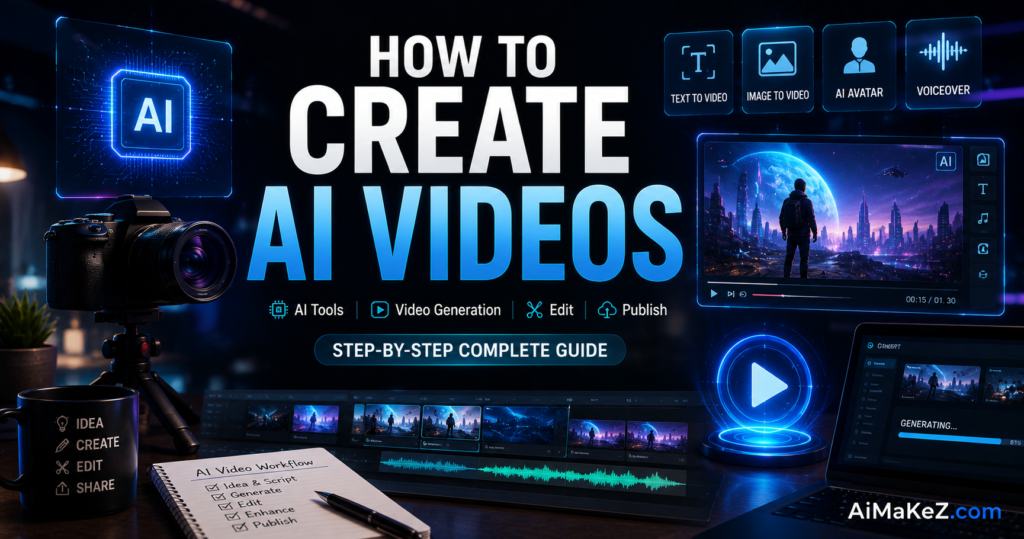 How to Create AI Videos featured image showing futuristic AI video generation software, text-to-video technology, video editing interface, digital holograms, and modern AI-powered content creation.
