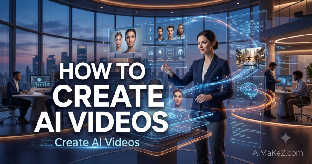 A professional technology featured banner graphic set inside a futuristic corporate research lab commanding an expansive view of a dynamic metropolitan skyline at dusk. In the center, large white typography reads "HOW TO CREATE AI VIDEOS". Below it, in smaller cyan text, is "Create AI Videos". To the left, a luminous neon-blue brain structure floats with code syntax and labels for: CHATGPT LOGIC, PYTHON, AI ARCHITECTURE. To the right, a glowing orange/yellow organic network node head visualizes creativity and predictive modeling. A female researcher/executive wearing data glasses stands interacting with multi-layered, luminous holographic interfaces displaying icons for: TIMELINE EDITING, VOICE SYNTHESIS, FACIAL ANIMATION, and 3D ENVIRONMENT generation. Diverse professionals collaborate in the background with glowing screens. The brand watermark "AiMaKeZ.com" rests in the bottom-right corner.