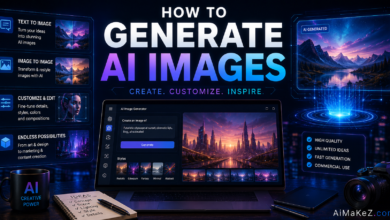 How to Generate AI Images featuring AI image generation platforms, text-to-image interfaces, digital art creation tools, neural networks, and futuristic creative technology.