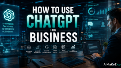 How to Use ChatGPT for Business featured image showing AI-powered business automation, analytics dashboards, workflow management, digital transformation, and futuristic office technology.