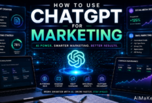 How to Use ChatGPT for Marketing featuring AI marketing dashboards, campaign automation tools, content creation interfaces, customer analytics, and futuristic digital marketing technology.