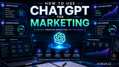 How to Use ChatGPT for Marketing featuring AI marketing dashboards, campaign automation tools, content creation interfaces, customer analytics, and futuristic digital marketing technology.